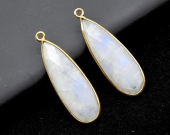 Moonstone 10x30mm Teardrop Charm,Rainbow Moonstone Gemstone Connectors,Gold Plated connectors,Single Bail Connector,Teardrop Shape Pendant