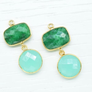 Emerald Dangle Component Earrings,Station Bezel Link,Gemstone Connector,Multi Stone Jewelry,Aqua Quartz pendant Connector,Handmade Jewelry,