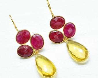 Natural Ruby Dangle Earrings,Citrine Drop Earring,Statement Earring,Handmade Jewelry,Gemstone Bezel Earring,Multi Stone Dangle Earring,Gift