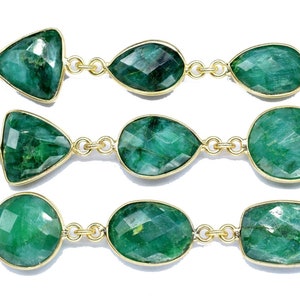 Natural Emerald Faceted Connectors, Gold Bezel Chain, Free Size Gemstone Connector, Handmade Station Bezel Link Chain, Emerald Bezel Jewelry
