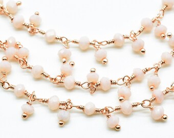 Pink Opal Cluster Beaded Chain,Rose Gold Plated wire wrapped Rosary Chain,Dangling Faceted Wire Wrapped Beaded Chain,PinkOpal handmade chain