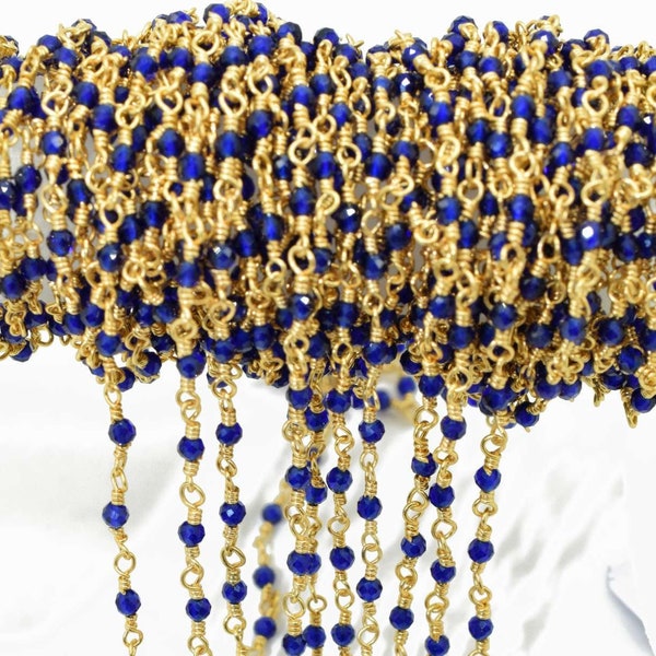 Lapis Lazuli 2mm Beaded Chain,Blue Lapis Rosary,Gold Plated Wire Wrap Chain,Brass chain,Jewelry Making Chain,Rosary chain,Gold vermeil chain