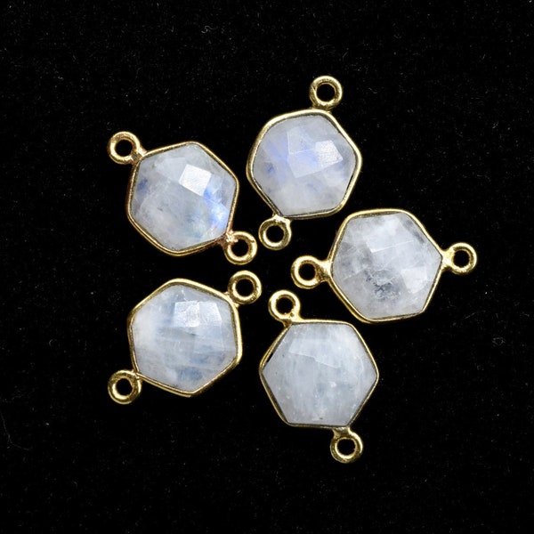 Moonstone 10mm Hexagon shape Double loop connectors,Moonstone Pendant,White Rainbow bezel link,Gemstone Hexagonal Cone Charm,Minimal Stone