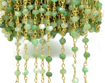 Corrente frisada de crisoprase de 3 mm, corrente de rosário enrolado em fio banhado a ouro com pedras preciosas em latão, correntes de rosário com cercadura, correntes para fabricação de joias artesanais