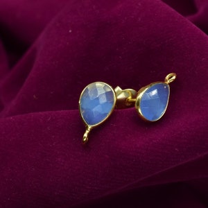 Blue Chalcedony 7x10mm Teardrop shape Earring connector Stud post setting with loop open bail, Blue Chalcedony Gold Plated Earring With Loop