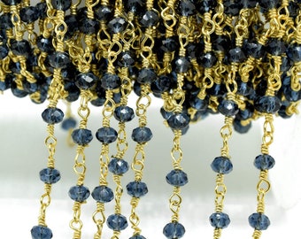 Cadena de cuentas de topacio azul Londres de 3 mm, rosario, cadena de alambre de topacio, cadena de latón con topacio azul Londres para hacer joyas, rosario con topacio azul Londres