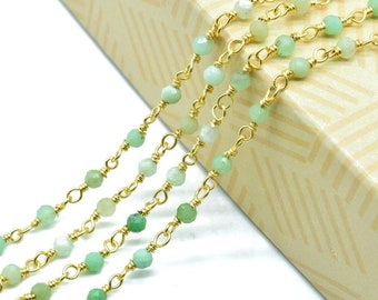 Corrente de Crisoprásio de 3 mm com Contas, Corrente de Rosário de Crisoprásio, Corrente Dourada com Fio Envolto, Corrente de Rosário com Crisoprásio e Fio Envolto em Ouro, Corrente de Rosário com Contas