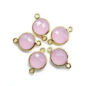 Pink Chalcedony 10mm Round double bail connectors,Pink Chalcedony Gold Plated Gemstone Bezel Connector,Pink chalcedony Double Loop connector