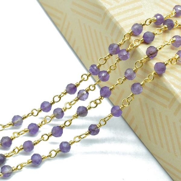 Amethyst 3mm Beaded Chain,Amethyst wire wrapped rosary chain,Roundel Faceted Gold Plated Beaded Rosary Chain,Beautiful Amethyst Beaded Chain