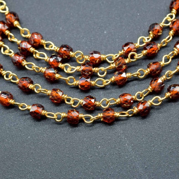 Garnet 3mm Beaded Chain,Garnet Rosary,Gold Plated Wire Wrap Chain,Brass chain,Jewelry Making Chain,Rosary chain,Gold Garnet chain,Garnet