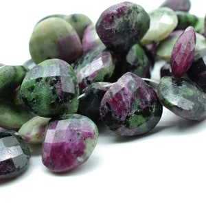 Natural Ruby Zoisite 14mm Heart Shape Briolettes,Green Raspberry Pink Semi Precious Gemstones,Ruby Zoisite Drilled Pear quality Briolettes
