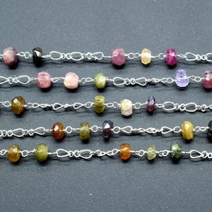 Multi Tourmaline Rosary Chain,Multi Tourmaline Wire Wrapped Rosary,beaded chain,Natural Multi Tourmaline beaded Chain,gold chain,chains,