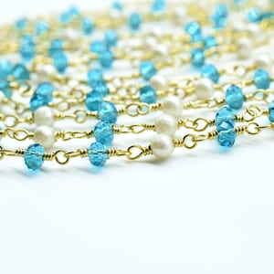 Blue Apatite Rosary Chain,Pearl Rosary Chain,jewelry making Rosary,Wire Wrapping Gemstone Chain,wire wrapped rosary chain,3mm Beaded rosary