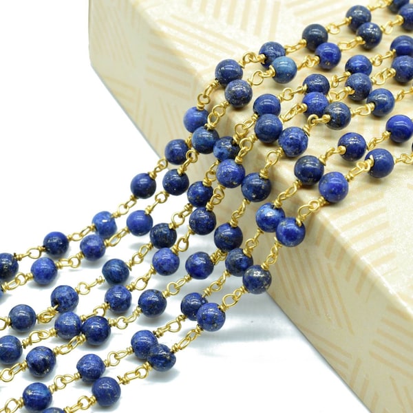 Lapis Lazuli 4mm Round Beaded Chain,Premier Quality Non Tarnish Gold Wire,lapis lazuli Wire Wrapped Rosary Chain,Brass Wire Wrapped Links