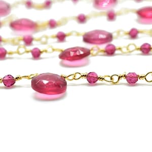 Pink Tourmaline 2mm Beaded & Heart shape Chain,Beaded Wire Wrapped Fuchsia Diamond Cut Gemstone Beads,Faceted Rosary Chain,Gems Rosary Style