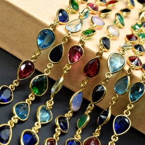 Multi Stone Faceted Bezel Link Connectors Chain, Gold Plated Chain,Pear Shape Bezel Chain,Hanging Bezel Link Chain Supply,bezel chains