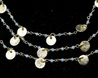 Aqua chalcedony 2mm Beaded & Circle Charm Chain,Aqua Chaledony Rosary Chain,Gold Plating Wire Wrap Chains,charms chains,Jewelry Making Chain