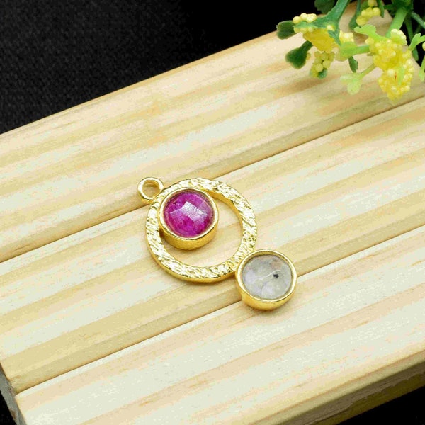 Ruby Pendant , Moonstone Pendant  Multi Gemstone Handmade Pendant , Gold Plated Connectors ,Single Bail Gemstone Connector Charm