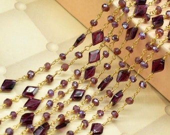 Garnet 3mm Beaded Chain,Garnet Rosary,Gold Plated Wire Wrap Chain,Brass chain,Jewelry Making Chain,Rosary chain,bigger beaded rosary