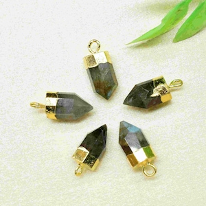 Può includere: Cinque ciondoli in labradorite placcati in oro a forma di punta. I ciondoli sono disposti in cerchio su una superficie bianca.