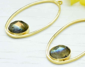 Labradorite Gemstone Component Oval Shape Single Bail Charm,Labradorite Connector Pendant,Finding Gold Plated Connectors,Labradorite Jewelry