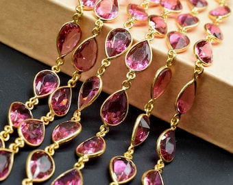 Pink Tourmaline Bezel Connector Chain,Gold Plated Gemstone Chain, Bracelet Chain, pear shape Connectors,Pink Tourmaline Connector Chain