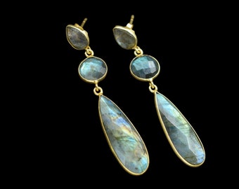 Boucle d'oreille pendante en labradorite naturelle/boucle d'oreille de mariée/boucle d'oreille en plaqué or/bijoux de mariée/boucles d'oreilles pour la mariée/bijoux/cadeau en labradorite