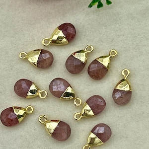 Ciondoli a forma di lacrima di fragola rosa / Forniture per la creazione di gioielli / Perline di cristallo curative fai da te / Ciondolo elettroplaccato / Gocce di pietre preziose sfaccettate in oro