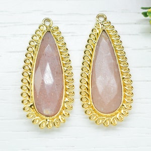 Peach Moonstone 10x30mm Teardrop Bezel Charm,Single Bail Pendant,Handmade Jewellery Connectors,Gemstone Brass Component,Handmade Connector