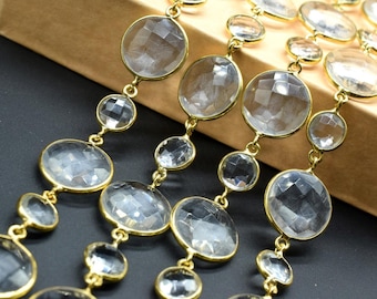 Crystal Bezel Chain I Handmade Bezel Link Chain I Clear Quartz Gold Plated Bezel Chain IBrass Chain,Gemstone Connector Chain Per Foot