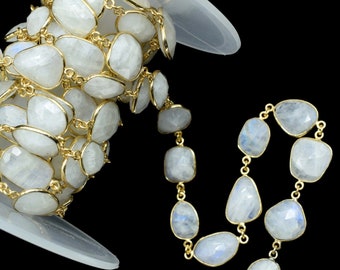 Rainbow Moonstone Connector link-Gold Bezel Chain,Free Size Faceted Gemstone Connector,Handmade Bezel Link Chain,Rainbow Moonstone Jewelry
