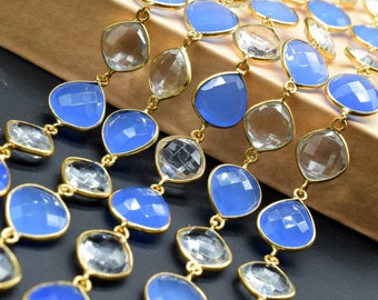 Blue chalcedony & Crystal Bezel Chain I Handmade Bezel Link Chain I Chalcedony Gold Plated Bezel Chain,,Gemstone Connector Chain Per Foot