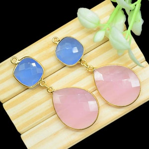 Pink Chalcedony Component pendants,Multi Gemstone Dangle Earring,Blue Quartz Connector jewelry,Dangle pendant Charms,Handmade Station Link