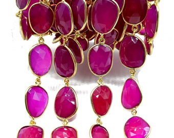 Hot Pink Chalcedon Vergoldete Bezel Steckerkette,Pink Chalcedon Steckerkette,Freiform Bezel Steckerkette,Bezel Station Ketten