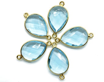 Sky Topaz 13x18mm Pear shape double bail connectors,Sky Topaz Pear pendant,Sky Topaz Gold Plated bezel,jewelry making charms craft,Sky Topaz