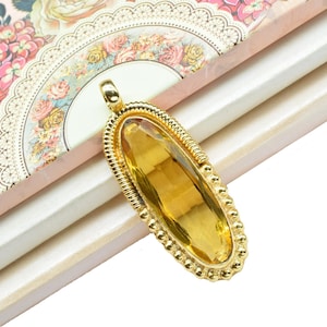 Citrine Pendant Charm,Yellow Gemstone Pendant,Handmade Craft,Oval Shape Pendant Jewelry,Statement Pendant,Loop Pendant,Brass Pendant,Gift