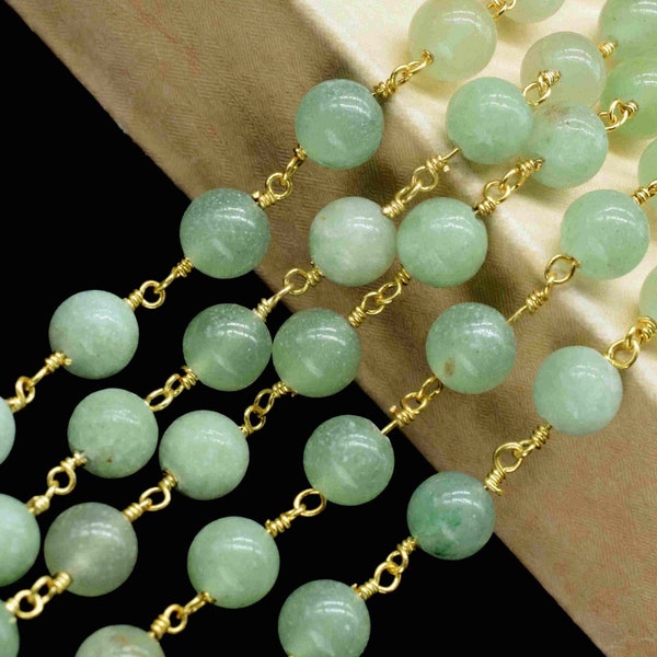 Chaîne de perles lisses de 6 mm de jade vert, fabrication de bijoux de chaîne enveloppée de fil de jade vert, chapelet de forme ronde lisse de jade vert bijoux faits main