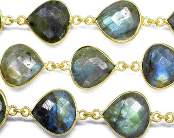 May include: A strand of gold chain with teardrop-shaped labradorite gemstone beads. The beads are a mix of green, blue, and gray.