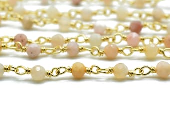 Pink opal 3mm Beaded Chain,beaded chain, rosary chain, jewelry making supplies,wire wrapped Rosary,Opal Beads, Priced Per Foot,Rosary Style