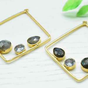 Labradorite Gemstone Component Square Shape Single Bail Charm,Labradorite 32mm Connector Pendants,Single Loop Connectors,Labradorite Jewelry