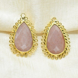 Peach Moonstone 12x20mm Teardrop Bezel Charms,Gemstone Brass Component,Wholesale Jewelry,Single Bail Pendant,Handmade Jewellery Connectors