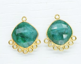 Natural Emerald, Bezel Cushion Shape Connector, 10mm Cushion 24K