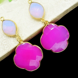 Pink Chalcedony Dangle Component pendant,Multi Stone Dangle Earring,Clover Shape Pendant,Pink Opal pendant Charm,Gemstone Bezel Connector