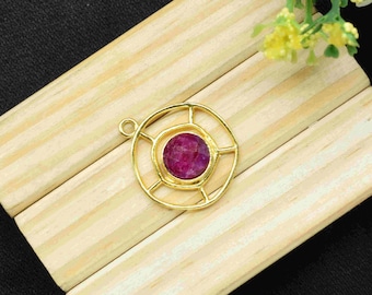 Ruby Gemstone Component, Single Bail Charm , Ruby  Connector Pendant , Gold Plated Connectors , Earring Component , B'day Gift