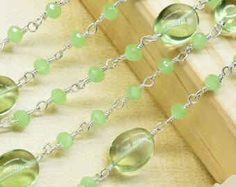 Green Amethyst Rosary Chain,Prehnite Beaded Rosary Chain,Finding Wire Wrap Necklace Chain,Gemstone Rosary,Handmade Jewelry Carft Supplies