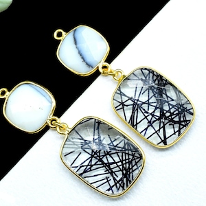 Dendrite Opal Dangle Component pendant,Multi Stone Dangle Earring,Square Shape Pendant,Black Rutile pendant Charm,Gemstone Bezel Connector