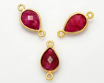 Genuine Ruby 7x10mm Bezel connectors,ruby Teardrop Shape Gold Plated bezel,Gold Vermeil Bezel,Ruby jewelry making charm,Gold-Filled bezel