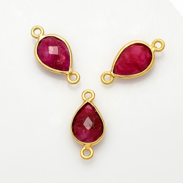 Genuine Ruby 7x10mm Bezel connectors,ruby Teardrop Shape Gold Plated bezel,Gold Vermeil Bezel,Ruby jewelry making charm,Gold-Filled bezel