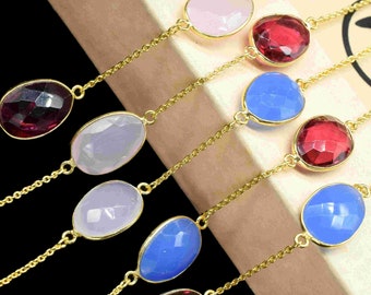 Chaîne de connecteur de lunette de pierre précieuse plaquée or multi-pierres, chaîne de lunette de pierres précieuses, chaîne de maillons de connecteur, bijoux de lunettes multi-pierres, chaîne de forme ovale