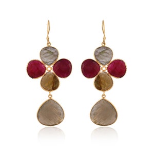 May include: Gold dangle earrings with a cluster of five stones. The stones are a mix of gray, brown, and pink.